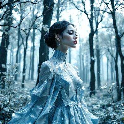 The primary subject of the image is a woman wearing a blue dress, standing in a forest with trees in the background. The setting is a forest with trees, and the visual style appears to be a photo. The woman is the main focus of the image, and the overall atmosphere is serene and natural.